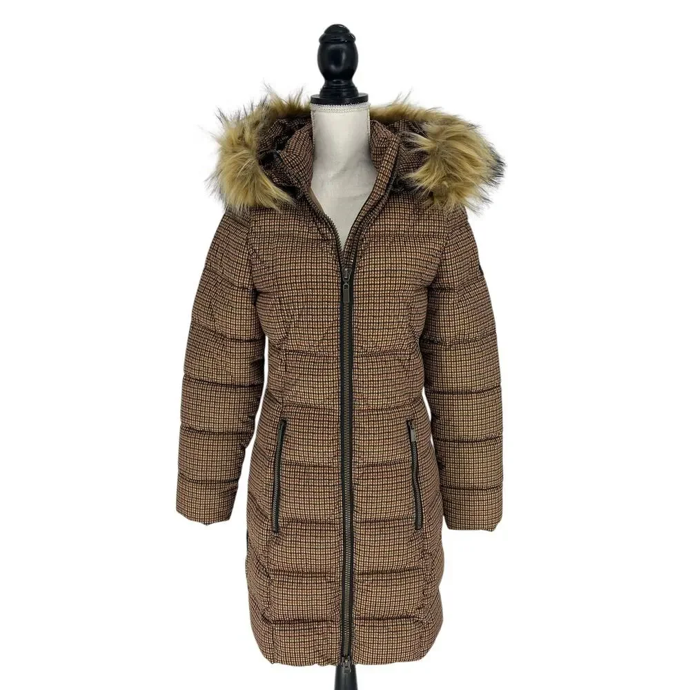 C-RO‎ Denmark Houndstooth 2-Way Stretch Puffer Coat with Faux Fur Hood Size 4
